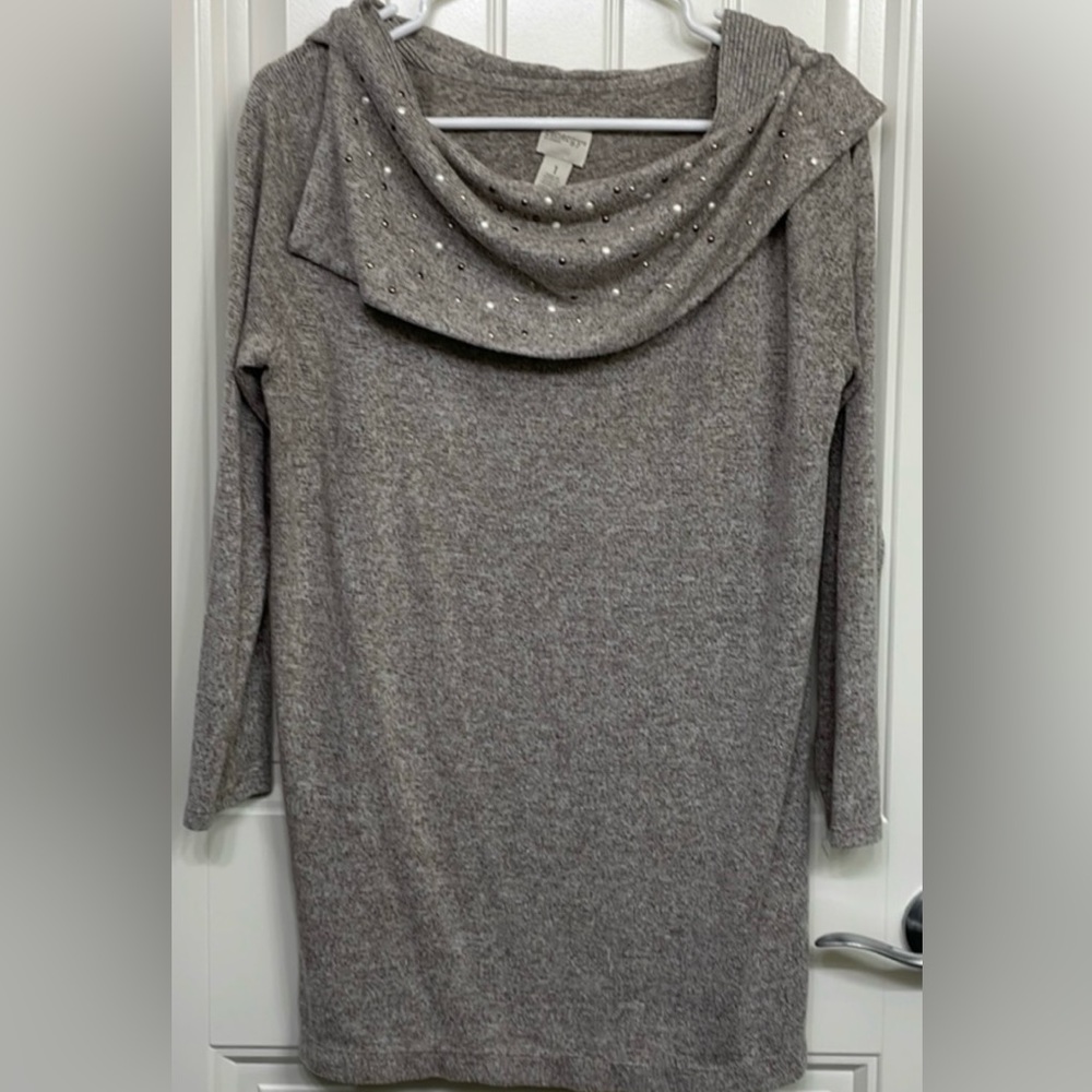 🐨Chicos Taupe Embellished Split Side Cowl Soft Long Sleeve Lightweight Sweater